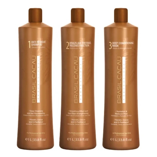 Brasil Cacau Professional Brazilian Keratin Treatment Kit 3x | Anti-Residue Shampoo, Thermal Reconstruction & Deep Conditioning Mask 1000ml - 3
